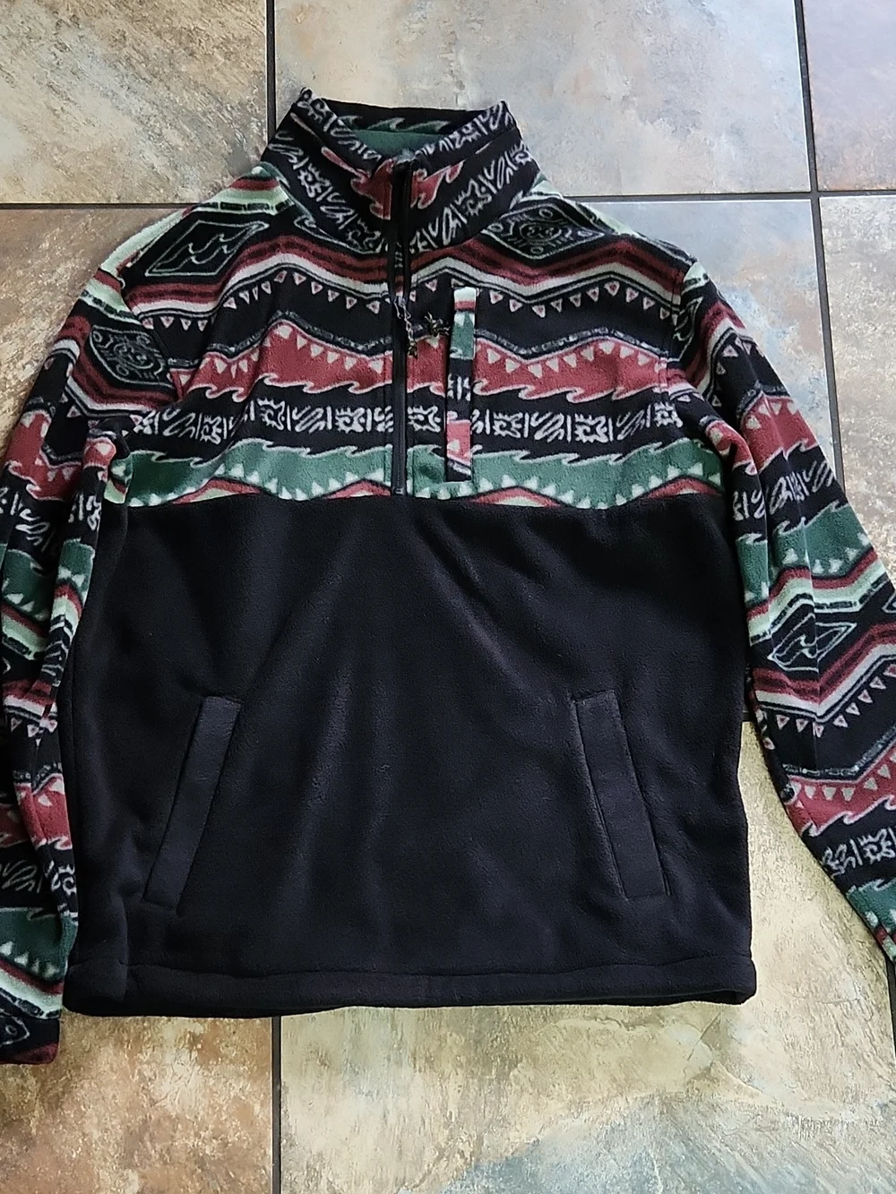 Billabong Black Fleece Zip-Up Sweater with Red & Green Pattern